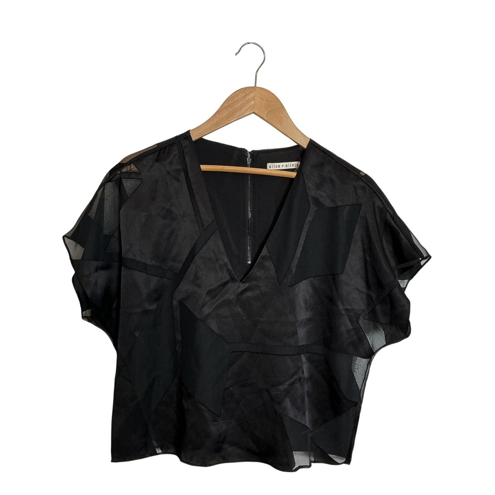 Alice + Olivia Medium Black Geometric Patchwork Sheer Mesh Satin Top